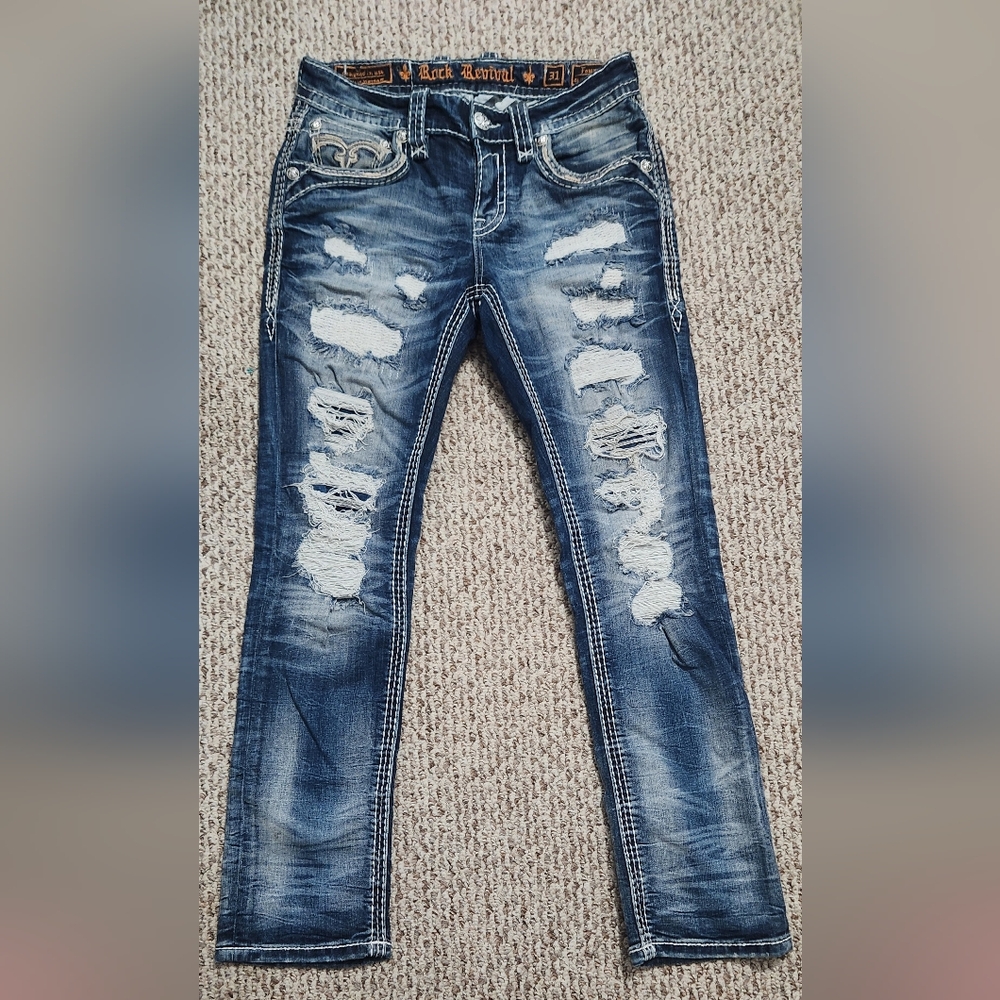Mens Rock Revival Distressed Blue Jeans
